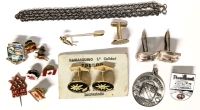 Vintage Men's Jewelry Finds | 25" Long Stamped Sterling Chain, Sterling Amco Silver Jubilee Medallion, 1.25" D Gold Plated Cufflinks, Clear Acrylic Canada 1967 Cufflinks, Canada Pins+