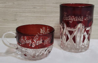 Antique 1892 Niagara Falls Etched Rudy Flash Glass Souvenir Glass & 1897 Ashbury Park Etched Ruby Flash Glass Souvenir Glass .