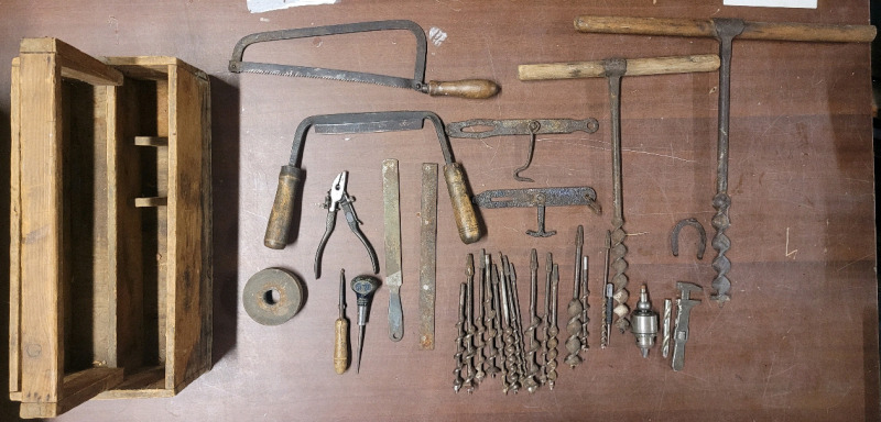 Vintage Tool Lot with Wooden Tool Box . See Photos for Lot Contents