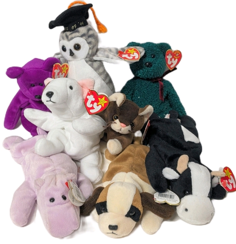 8 Vintage TY Beanie Babies | '93 Happy, '96 Bernie, '93 Daisy, '99 Butch, '97 Pounce, '99 Millennium, '99 Wiser, '01 Holiday Teddy