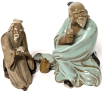 2 Small Vintage Chinese Figurines | Hand Built Mudman Figure 3.2" & 陆羽 (Luy&uuml;) Sage of Tea Shiwan Figure 3.5"