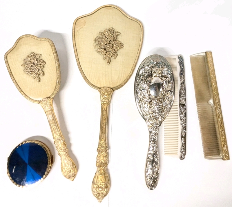 Vintage Ladies Vanity Set Pieces | Matching Brush, Mirror, Comb & Mirror + Comb Combo, & Stratton England Powder Compact | 14" at Longest