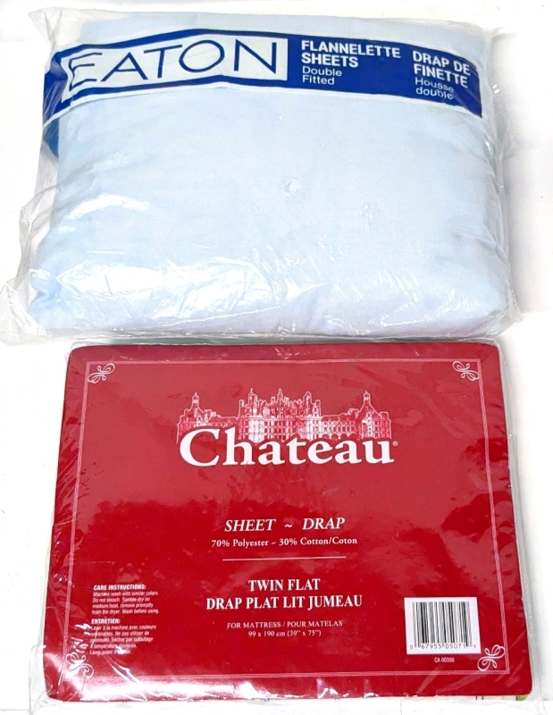 Vintage New Old Stock Bedding | Size Double Fitted Eaton Flannelette Sheet & Size Twin Chateau 100% Cotton Flat Sheet (Floral Pattern)