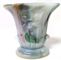 Gorgeous Vintage Signed Akro Agate Green Blue Orange White Slag Glass Lily Vase | 4.25" H