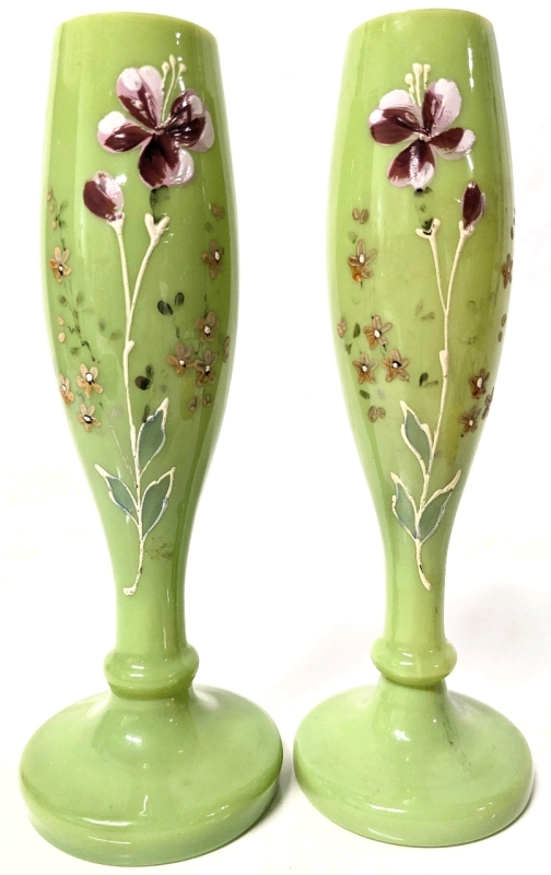 2 Vintage Handpainted Opaline Glass Vases | 7.9" Tall each