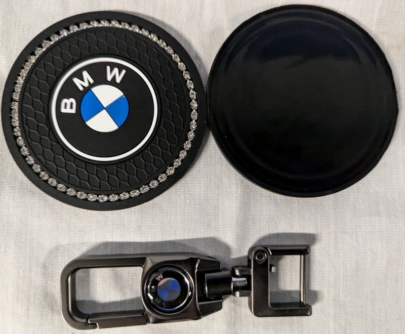 New BMW Cup Holder Coasters and Keychain. Coasters 2.7" Diameter.