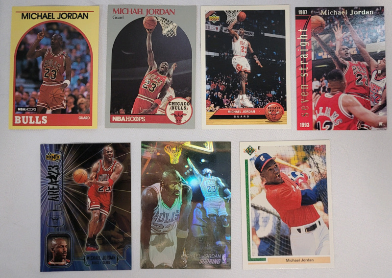 Michael Jordan Trading Card Lot , 1989 - 1998 . Seven (7) Trading Cards , Includes 1990 UD Baseball Card