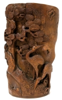 Intricately Carved Vintage Chinese Bamboo Brush Cup with Cranes, Trees & Clouds | 4.75" Tall