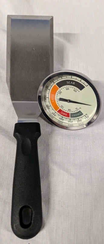 New BBQ Thermometer & Metal Hamburger Turner. Turner is 11" From Tip to Tip.