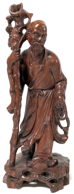 Fine Vintage Carved Wooden of Presumed Chinese God of Longevity Shou Lao with Striking Inlaid Eyes | 10" Tall