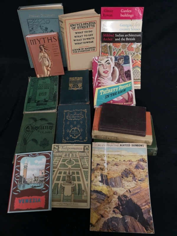 17 Vintage Mixed Books Soft & Hardcovers - The Petrified Forest, Manners, Myths +++