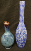 2 Vintage Vases - Speckled Blue Hand Blown Glass Vase 15" & Pottery Vase 9"