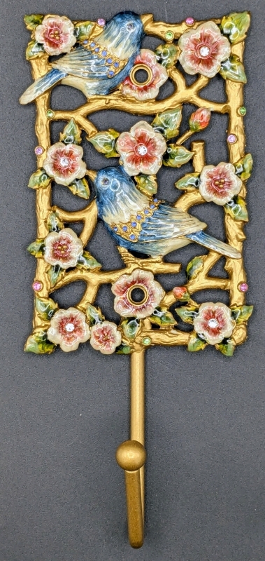 Lovely New Gold Tone & Enamel Jeweled Birds & Flowers Fall Hook w Mounting Hardware | 3.15" x 7.2" Long