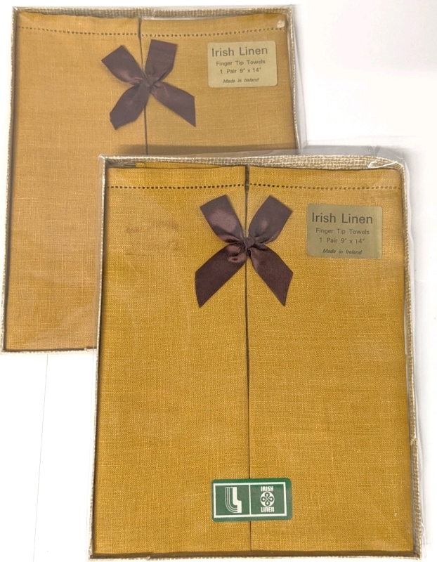 2 Pairs Vintage (New Old Stock) Irish Linen Fingertip Towels in Original Packaging | 9" x 14"