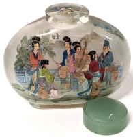 Beautifully Reverse-Painted Vintage Glass Chinese Snuff Bottle with Cap & Gift Box | 4.5" x 3.5" Tall