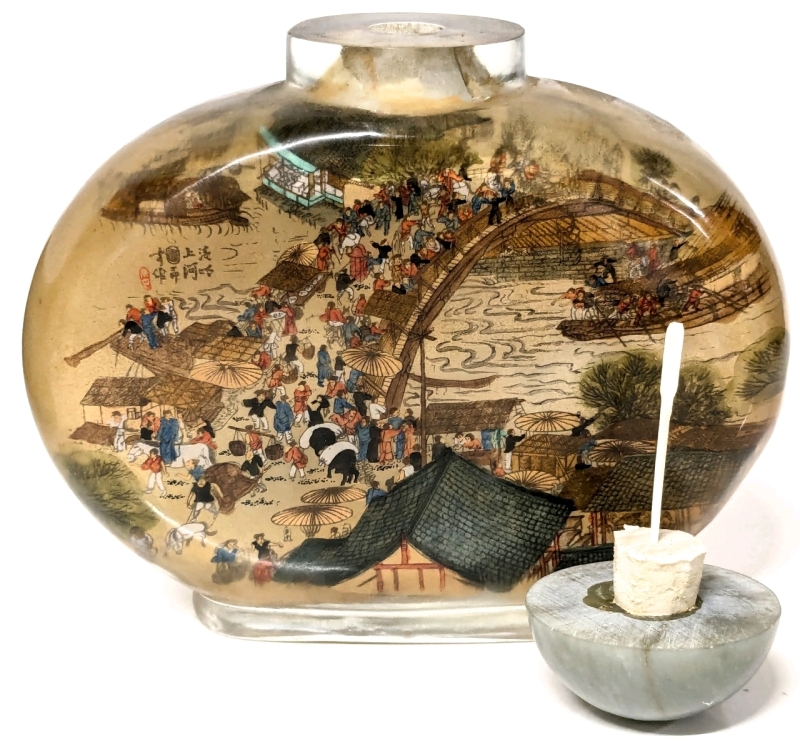 Intricately Reverse-Painted Vintage Glass Chinese Snuff Bottle with Cap + Cork Intact & Gift Box | 6" x 5" Tall