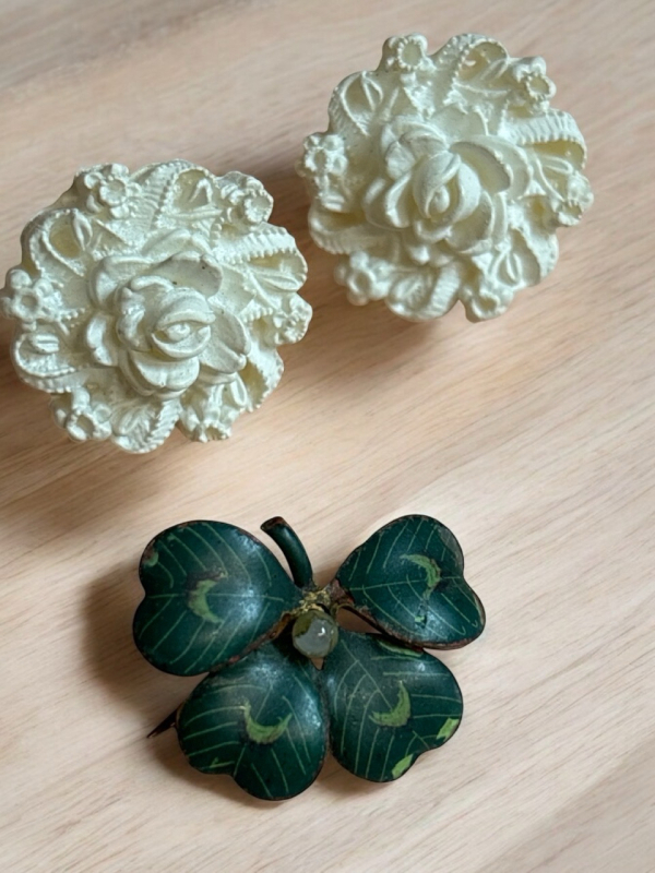 Antique Four Leaf Enamel Clover Pin Celluloid Carved Earrings