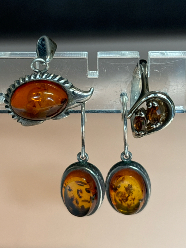 925 Sterling Silver Amber Pendant + Pierced Earrings Ring with Gemstones