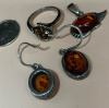 925 Sterling Silver Amber Pendant + Pierced Earrings Ring with Gemstones - 4