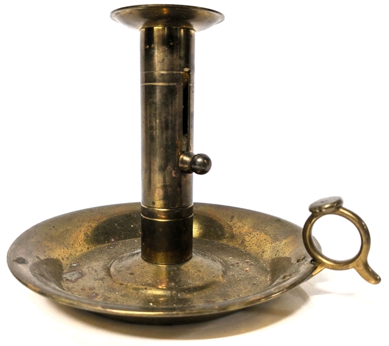 Vintage Brass Chamber Candle Holder with Ejector, Thumb Hole and Drip Tray | 5.75" Bottom Diameter x 5" Tall