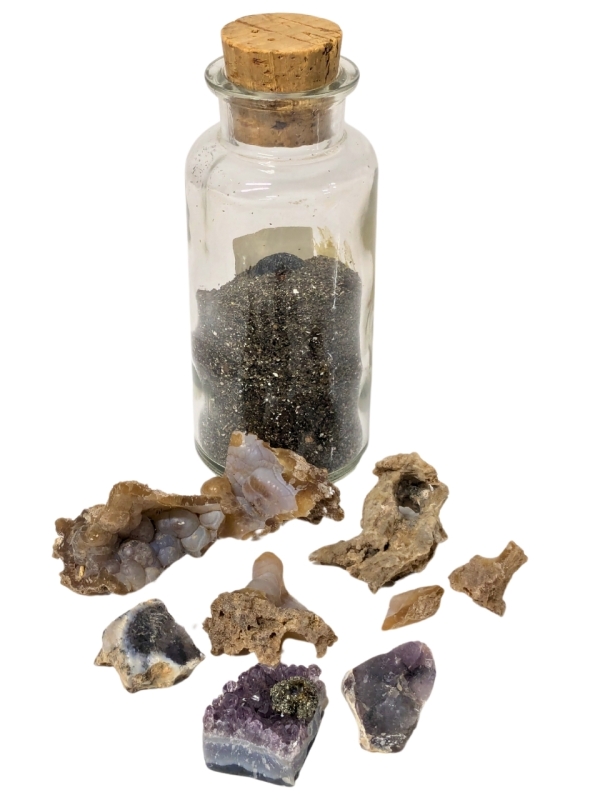 Vintage Jar of Black Sand, Chunk of Amethyst with Applied Pyrite, Presumed Fossilized Coral from Tampa Bay | Amethyst 1.25" x 1" x 1" Tall, Jar 7.5" Tall