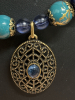 Lovely Blue Capped Bead Flexible Hard Wire Necklace with Blue Cab in Filigree - 2