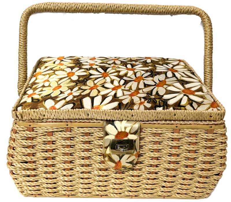 Vintage Mod Wicker Daisy Sewing Basket with Contents | Made in Japan | 12" x 9" x 6.25" Tall