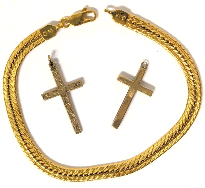 Gorgeous Gold Filled Jewelry: Signed GM F-14K Bracelet 7.5", Signed Ecco GF Cross 1.15" & Unstamped Non-Magnetic Cross 1"