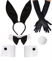 New 7pc Bunny Costume Set - Rabbit Ears Headband, Long Black Gloves, Bow Tie Collar, Cuffs and Tail Accessories Kit