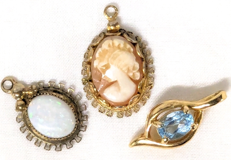 3 Vintage Pendants | Signed Amsel Gold Filled Cameo, Prong-Set Topaz & Gorgeous Opal | Up to 0.8" Long