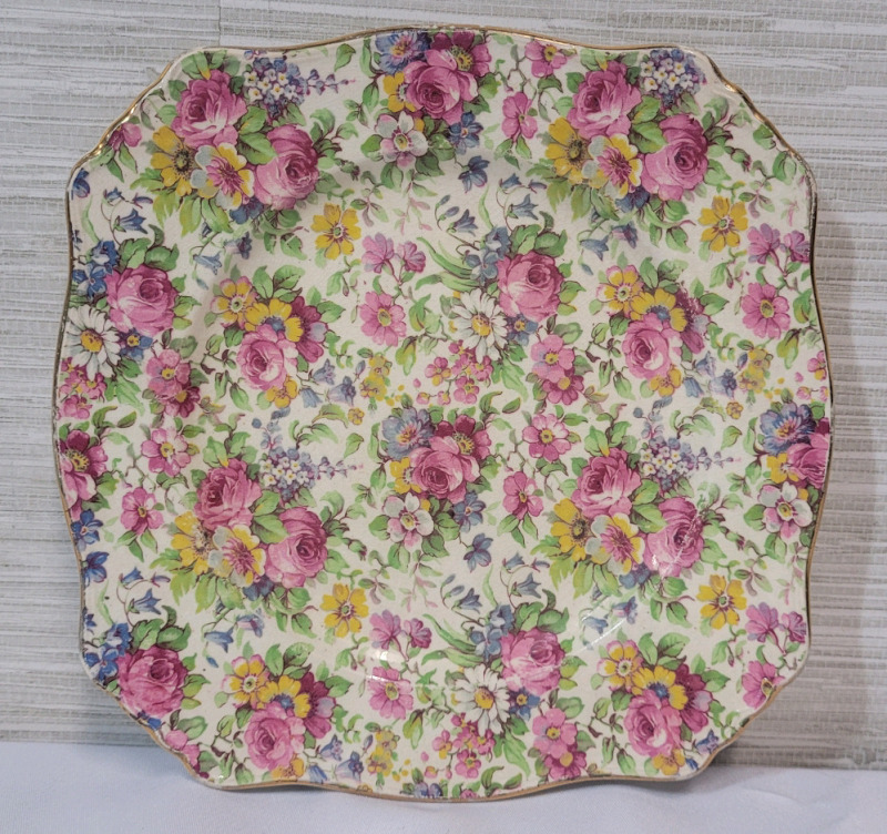 Vintage Royal Winton Chintz Summertime Grimwades Square Porcelain Salad Plate . No chips or cracks , minor wear to gold trim , crazing present