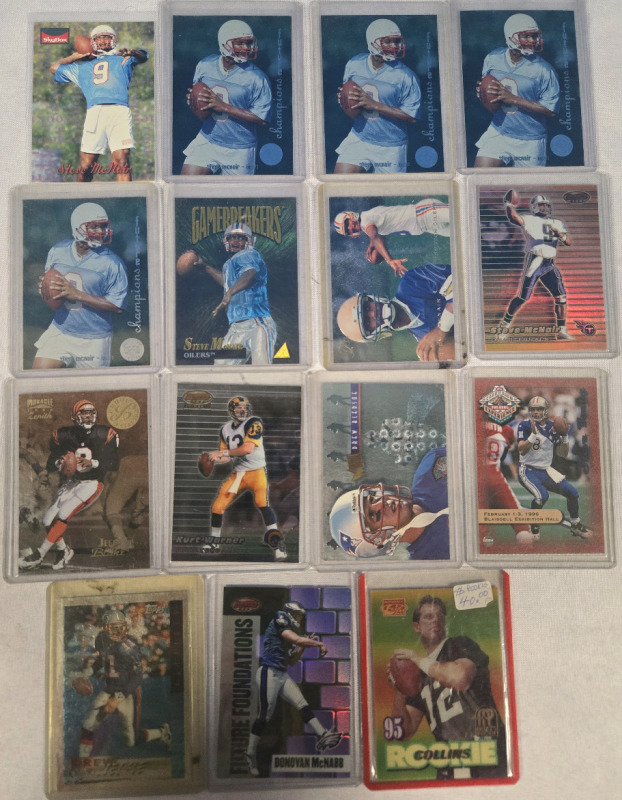 1990's NFL Quarterback Trading Card Singles | Collins: Rookie Card, Mcnair, Blake, Warner, Bledsoe, McNabb| * With Protective Sleeve * 15 Cards Total