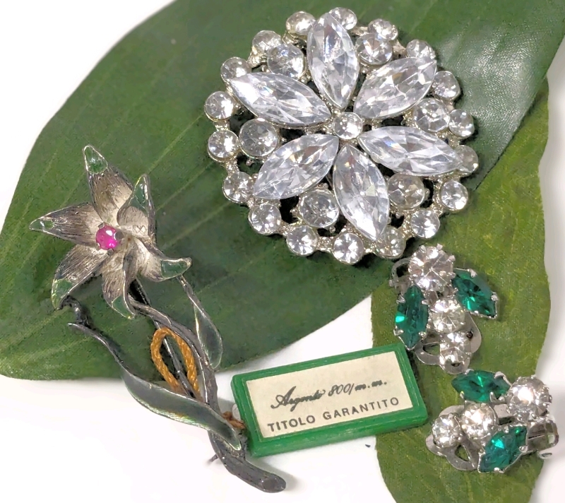 Vintage Stamped 800 Continental Silver Titolo Garantito Flower Brooch w Enamel, Round Brooch w CZ Rhinestones & Pair of Emerald Green & Clear Rhinestone Clip-On Earrings