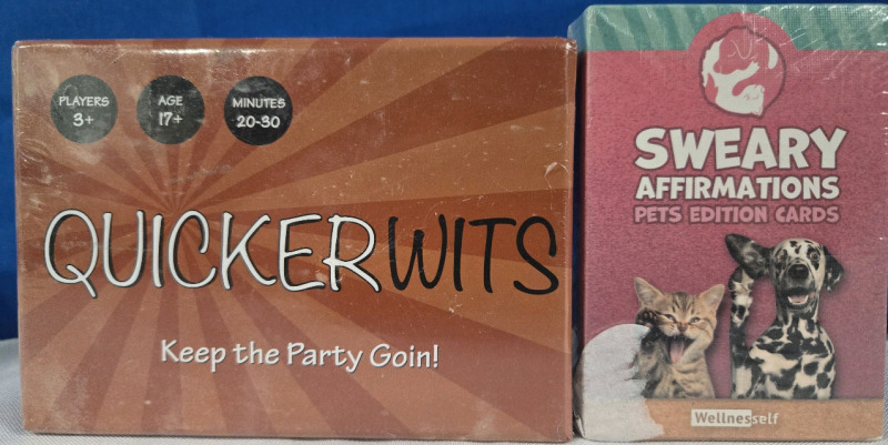 2pcs New Sealed | Card Games | Towpath Games Quicker Wits 3+ Players Ages 17+ | & Wellnesself Sweary Affirmations: Pets Edition Cards