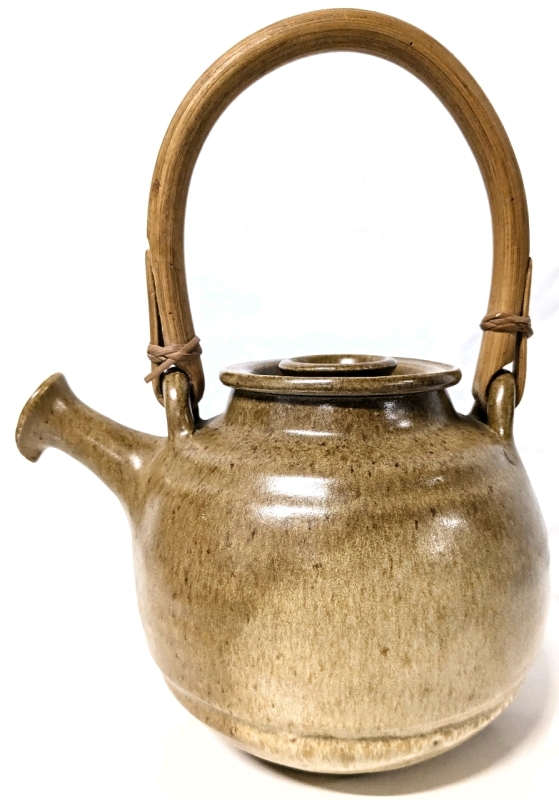 Large Signed Vintage Stoneware Pottery Teapot w Bent Bamboo Handle | 7.75" x 6" Tall, 5.2" Handle Drop