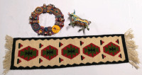 Vintage Worry Doll Wreath 9", Woven Table Runner 33" Long & Multicolored Bull Figure 6.5" Long