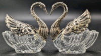 Vintage Pair of Small Glass Swan Containers with Silver Tone Heads and Moveable Wings | 3.15" Tall ea