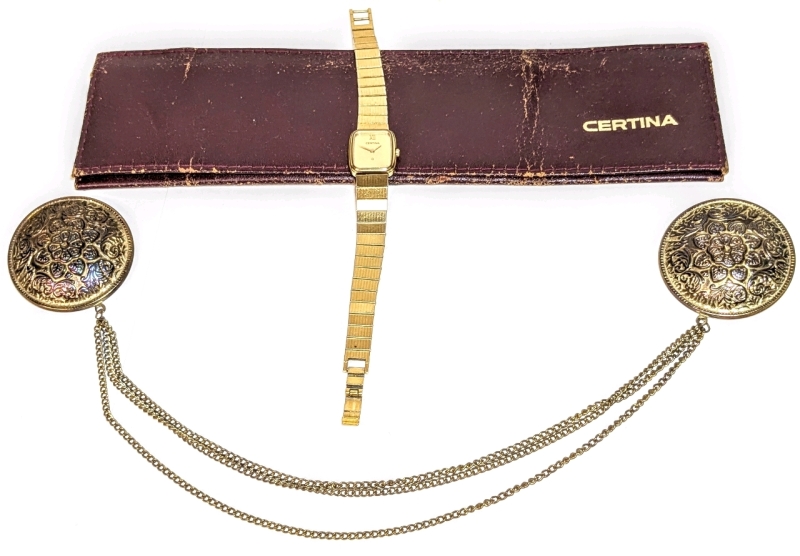 Gorgeous Large Vintage Hammered Metal Sweater / Cloak Clips & Vintage Ladies Certina "Q" Watch with Sleeve | Clips 1.75" D on 10" Long Chain