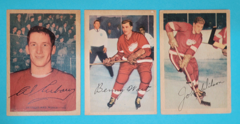 1953 - 54 Parkhurst NHL Hockey Detroit Red Wings Trading Cards . Includes AL Arbour Rookie Card plus John Wilson & Benny Woit . See Photos for Condition