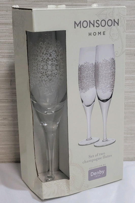 New - Monsoon Home Champagne Flutes , Set of 2 . Measures 10" tall