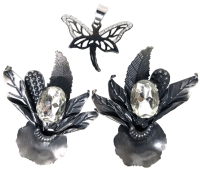 Vintage Oversized Bulatti-Style Gunmetak Clear Diamanté Lotus Clip-On Earrings & Signed Silver Tone Kauss Butterfly Pendant