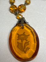 CZECH 1920s Intaglio Topaz Glass Necklace with faceted Glass Beads.