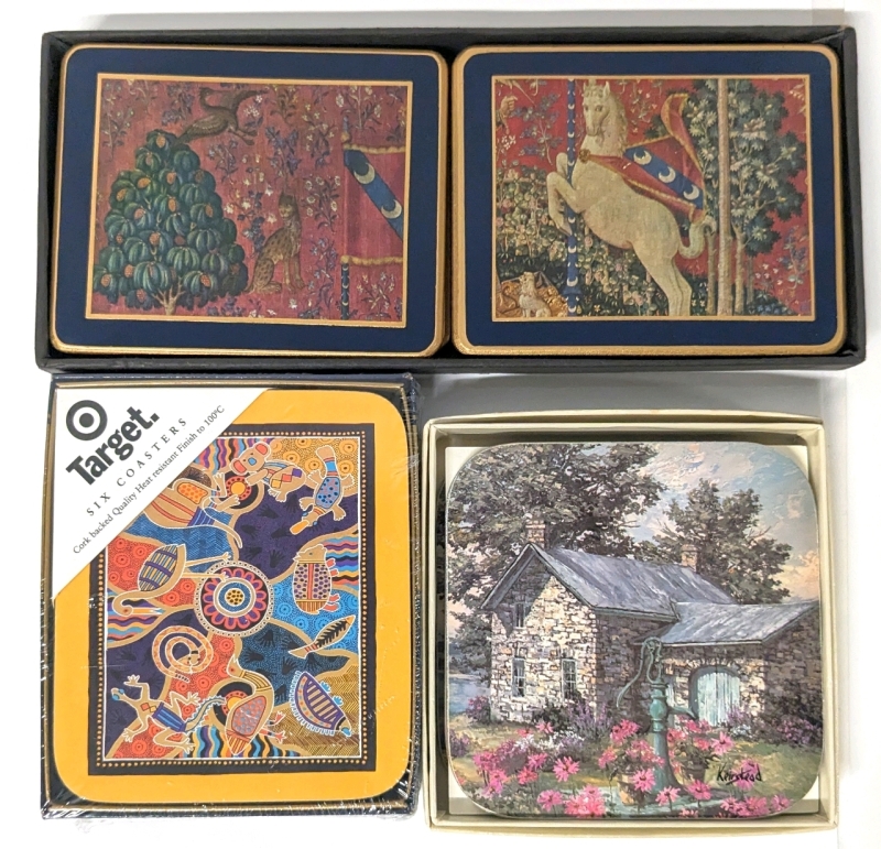 3 Vintage Coaster Sets | 6pc Aboriginal-Style Australia Animals (Target), 4pc Keirstead Classics "The Pump" & 6pc Lady Clare England Medieval Tapestries (Harrods)