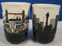 2 Vintage | EIT Ceramic Coffee Mugs Embossed London & New York Scenes | Made In England & Measures 4.5" Tall Each * No Chips Or Cracks *