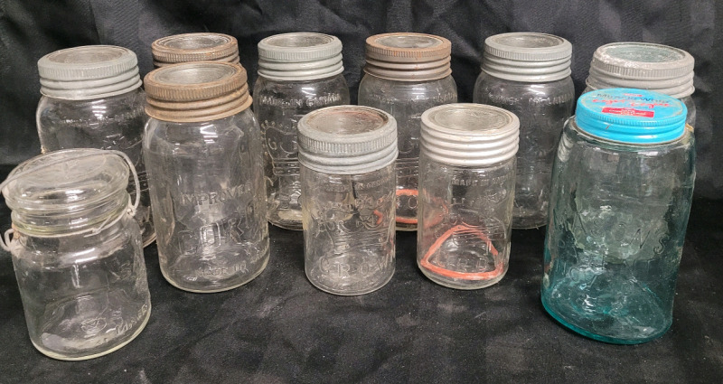 Eleven (11) Mason Jars . Corona , Crown , Safety Seal & Mason's 1858 Patent Jar