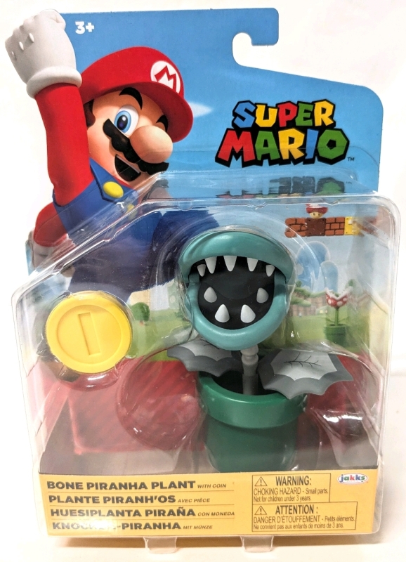 New Sealed Super Mario Action Figure | Bone Piranha Plant with Coin | Approx 4.25" Tall