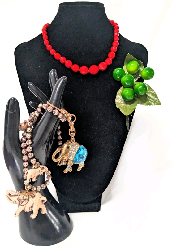 Vintage Necklaces, Brooch & Keychain | Red & Gold Tone, Spray of Green Faux Berries & Lucky Elephants