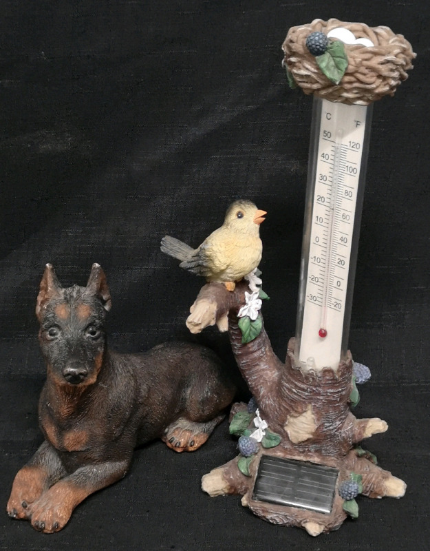 Resin Dog Figure 8.25" L & Bird Thermometer 13" H - Working