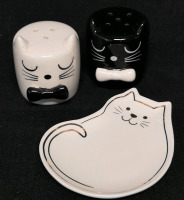 Cat Salt & Pepper Shakers 2.25" Tall + Small Dish