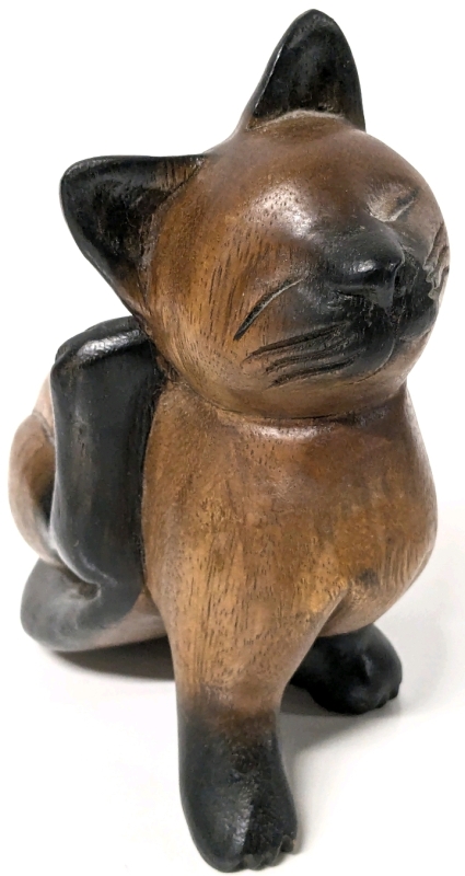 Adorable Carved Wooden Cat Scratching Ear Statue | 7" Tall